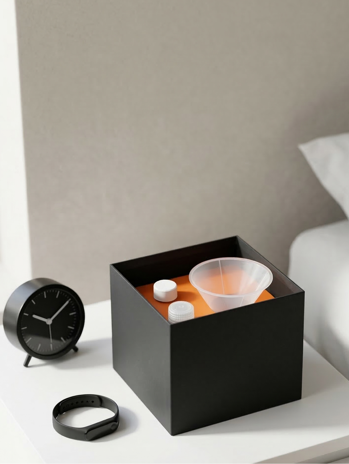 Black box with a white funnel and small containers on a light surface, with a clock in the background.